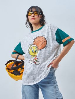 Bewakoof - Heavy Duty 1.0 Looney Tunes Women's White & Green Tweety Graphic Printed Oversized T-shirt