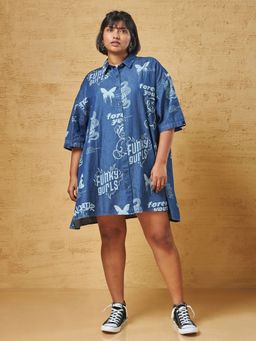 Bewakoof - Women Blue All Over Printed Shirt Dress