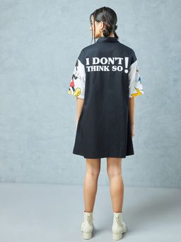 Bewakoof - Official Disney Women's Black Mickey Graphic Printed Oversized Shirt Dress