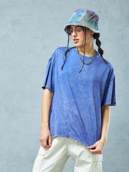 Bewakoof - Women's Blue Oversized Acid Wash T-shirt