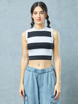 Bewakoof - Women's White & Black Striped Slim Fit Short Top