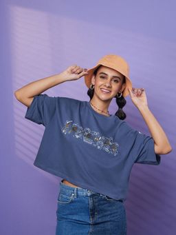 Bewakoof - Women's Blue Friends Chibi Logo Graphic Printed Oversized Short Top