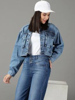 SHOWOFFFF - Women's Spread Collar Solid Blue Open Front Jacket