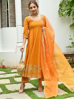 Lavanya The Label - Orange Cotton Anarkali (Set of 3)