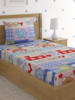 HOSTA HOMES - Multi-Color Cartoon Characters 210 TC Single Bedsheet with 1 Pillow Covers