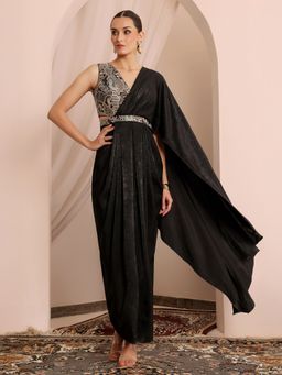 Miss Chase - Women's Black V-Neck Asymmetric Embroidered Maxi Dress