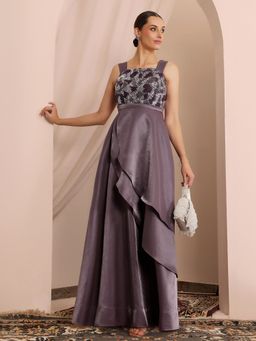 Miss Chase - Women's Dusty Purple Layered Embellished Satin Gown