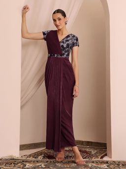 Miss Chase - Women's Wine Embellished Pleated Lustrous Satin Gown