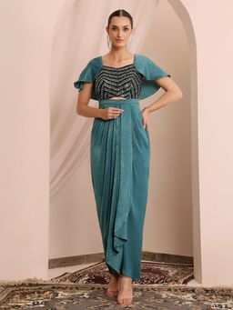 Miss Chase - Women's Teal Cape Embellished Draped Satin Maxi Dress