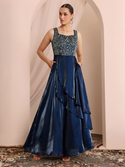 Miss Chase - Women's Sleeveless Navy Blue Embroidered Gown