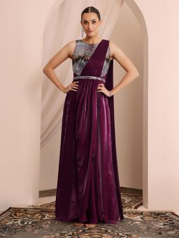 Miss Chase - Women's Dark Purple Embellished Gown