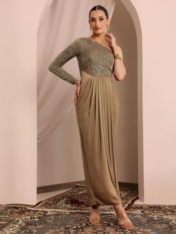 Miss Chase - Women's Dark Beige One Shoulder Embellished Maxi Dress