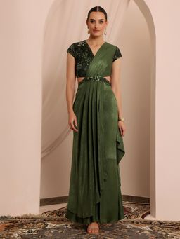 Miss Chase - Women's Olive Embellished Draped Maxi Velvet Dress