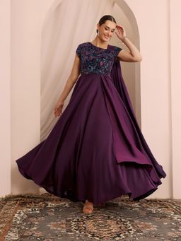 Miss Chase - Women's Purple Asymmetric Draped Embroidered Gown