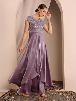 Miss Chase - Women's Embroidered Dusty Purple Layered Premium Satin Gown