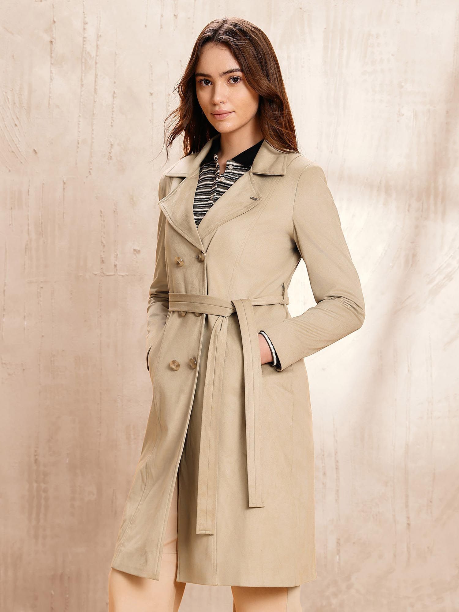 Beige Double Breasted Notch Lapel Collar Coat with Belt-picture-19