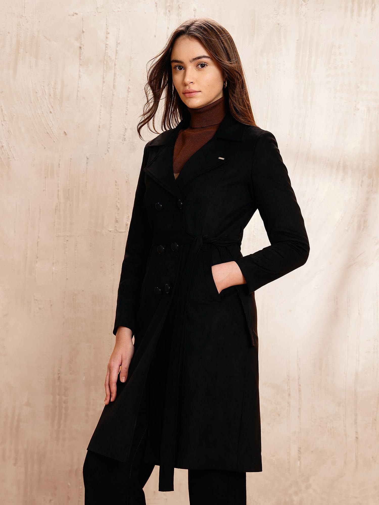 Black Double Breasted Notch Lapel Coat with Belt-picture-44