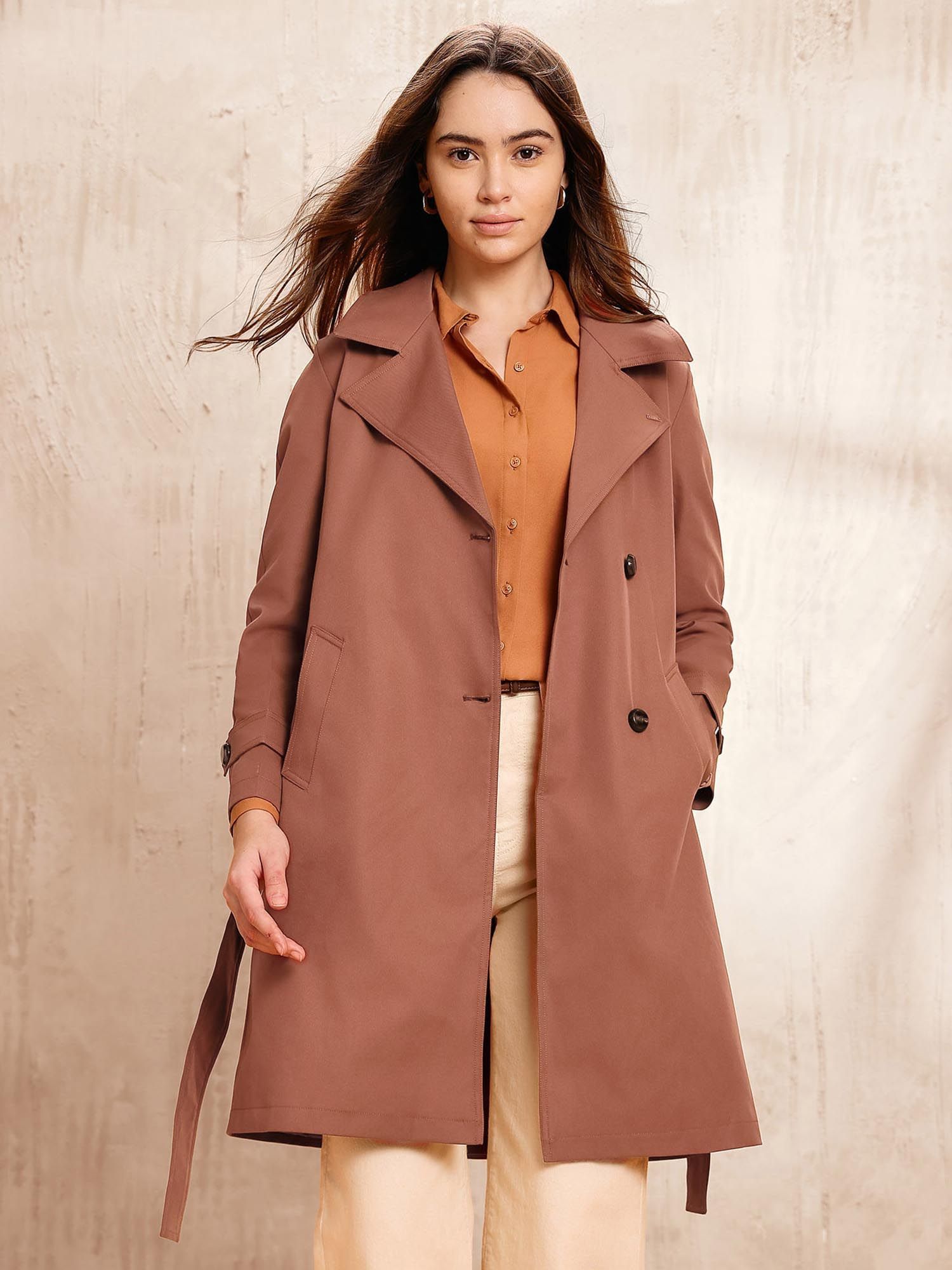 Brown Double Breasted Notch Lapel Trench Coat with Belt-picture-21