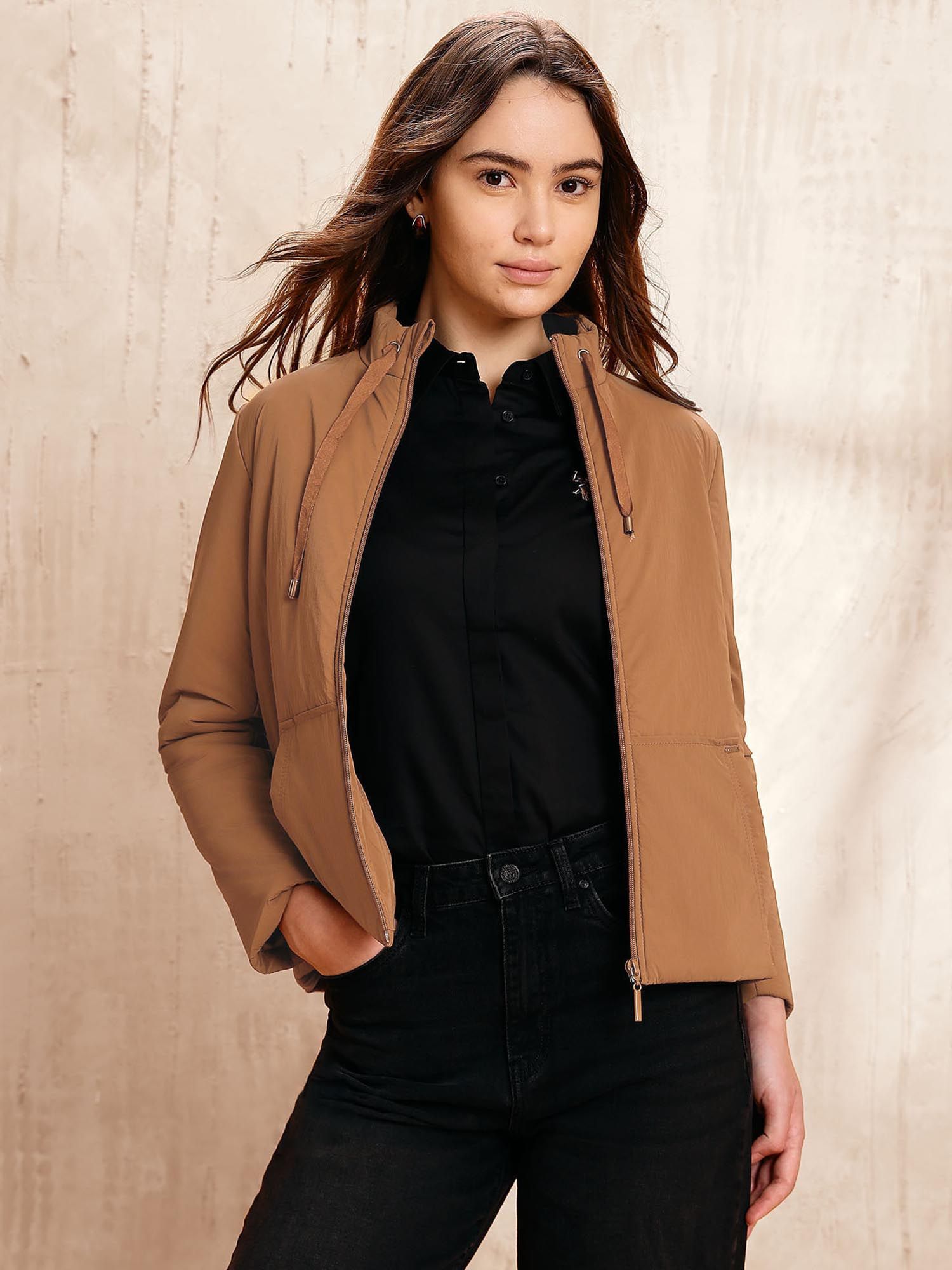 Brown Solid Regular Fit Puffer Jacket-picture-41
