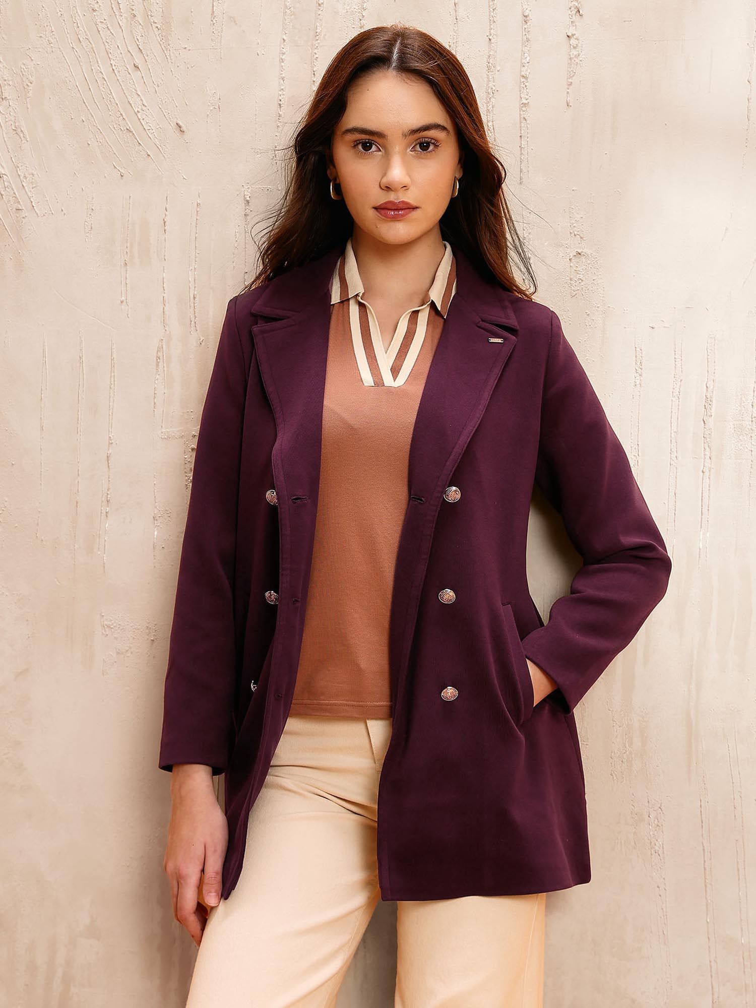 Purple Solid Double Breasted Notch Lapel Collar Coat-picture-26