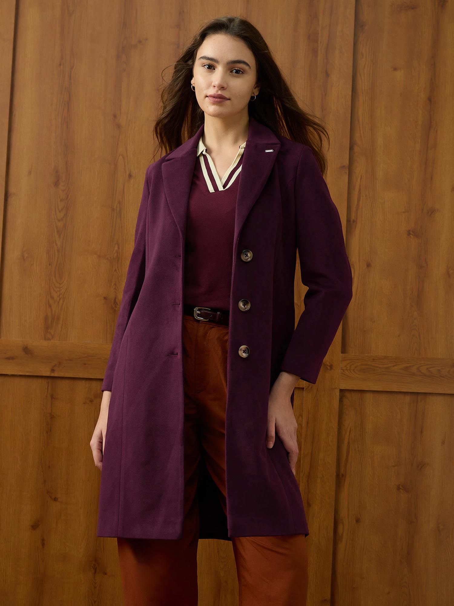 Purple Solid Regular Fit Single Breasted Coat-picture-15