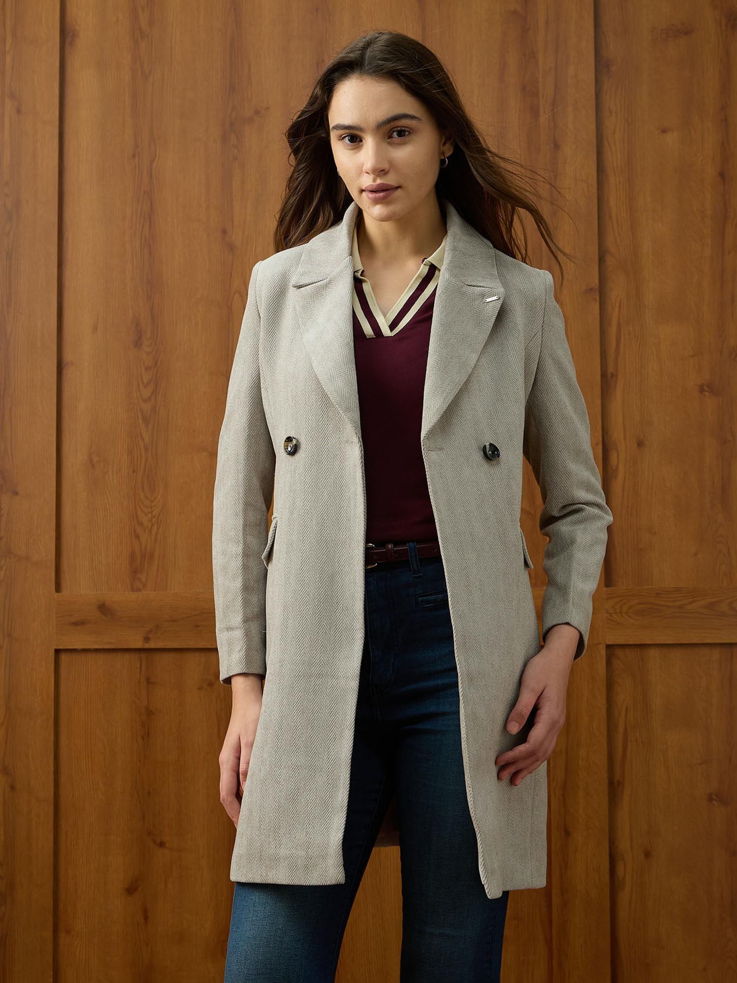 Grey Solid Regular Fit Double Breasted Coat-picture-44