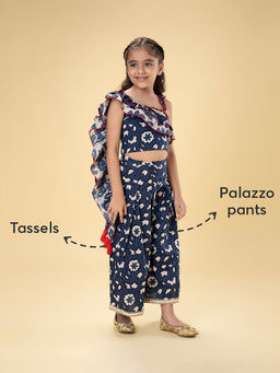 Hopscotch - 2-Piece Floral Print Lace Embellished Blouse and Palazzo