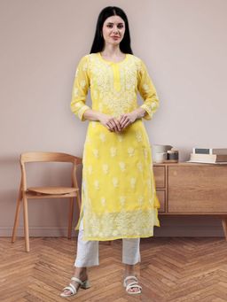 Seva Chikan - Embroidered Yellow Georgette Lucknowi Chikankari Kurta with Slip (Set of 2)