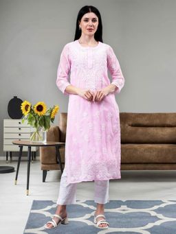 Seva Chikan - Embroidered Pink Georgette Lucknowi Chikankari Kurta with Slip (Set of 2)
