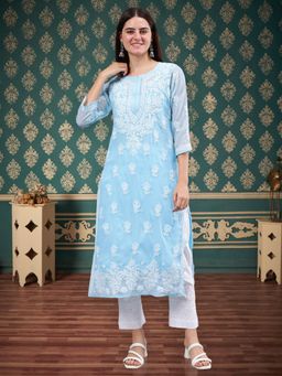 Seva Chikan - Embroidered Blue Georgette Lucknowi Chikankari Kurta with Slip (Set of 2)