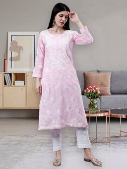 Seva Chikan - Embroidered Pink Cotton Lucknowi Chikankari Kurta