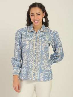 Globus - Women Blue Cambric Collar Neck 1 Shirt