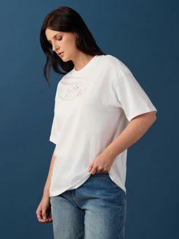 Globus - Women White Cotton Round Neck 1 T-Shirt