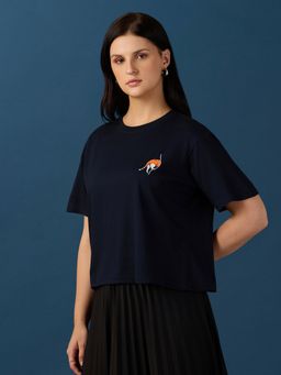 Globus - Women Navy Blue Cotton Round Neck 1 T-Shirt