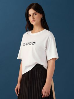 Globus - Women White Cotton Round Neck 1 T-Shirt