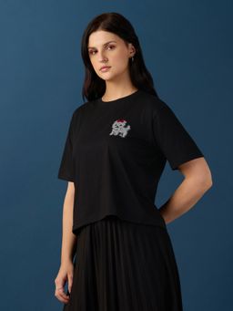 Globus - Women Black Cotton Round Neck 1 T-Shirt