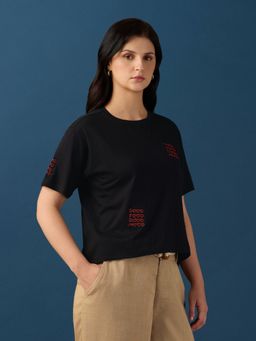 Globus - Women Black Cotton Round Neck 1 T-Shirt