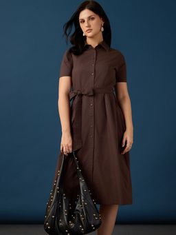 Globus - Women Brown Poplin Collar Neck 1 Dress, 1 Belt