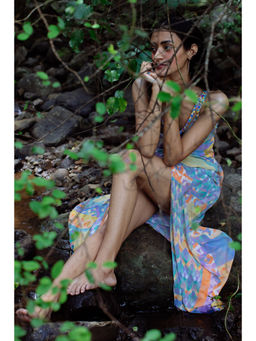 Nirmooha - Blue Geo Printed Embroidered Sequin Straps Drape Maxi Dress