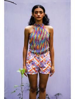 Nirmooha - Purple Geometric Print Denim Shorts