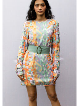 Nirmooha - Blue Geo Print Matting Mini-Dress with Belt