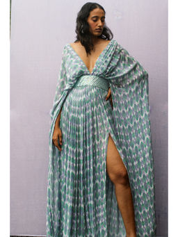 Nirmooha - Blue Kaftan Style Maxi Dress with Attached Holographic Embroidered Belt