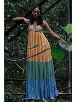 Nirmooha - Yellow Colour Blocked Tiered Embellished Maxi Dress