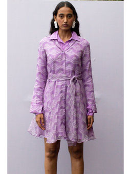 Nirmooha - Lavender Geometric Organza Flared Shirt Dress