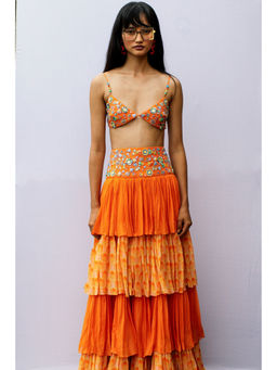 Nirmooha - Orange Layered Embroidered Yoke Georgette Skirt with Belt