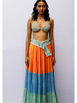 Nirmooha - Mustard Colour Block Tiered Skirt with Belt