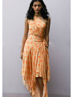 Nirmooha - Orange Geometric Printed Satin Drape Dress