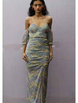 Nirmooha - Blue Puff Sleeves Fitted Ruched Dress