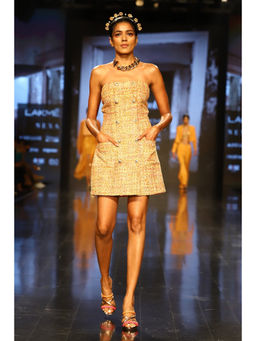 Nirmooha - Beige Off Shoulder Tweed Mini Dress