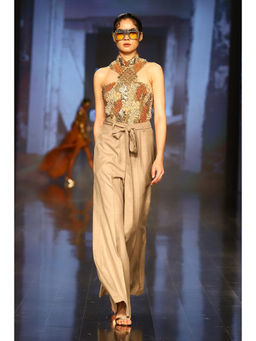 Nirmooha - Brown Embroidered Bodysuit and Pant with Belt